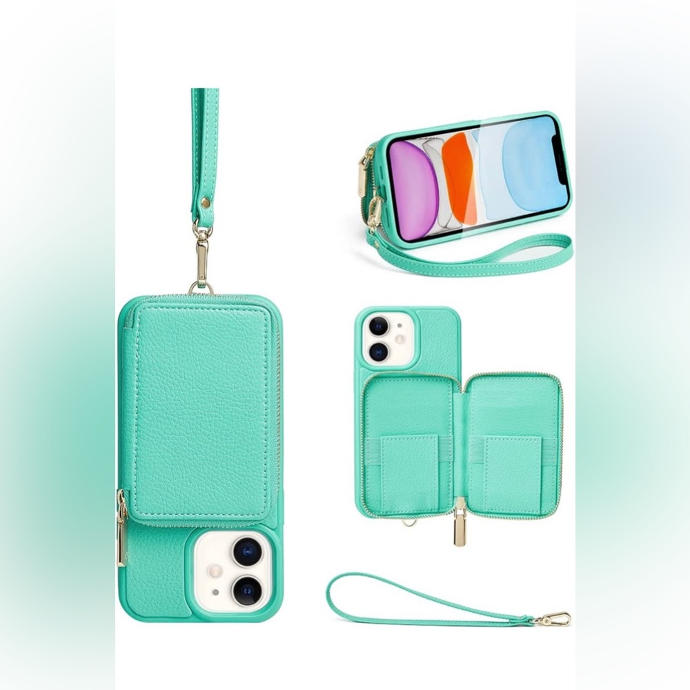 iPhone 11 zipper wallet phone case with strap - Mint Green